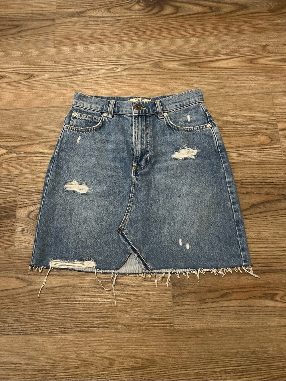 We The Free Distressed Blue Denim Mini Skirt